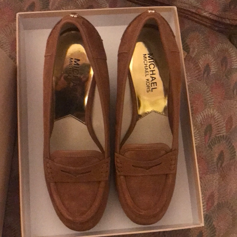 Worn once , mule like wedges , brown Michael Kors .. suede